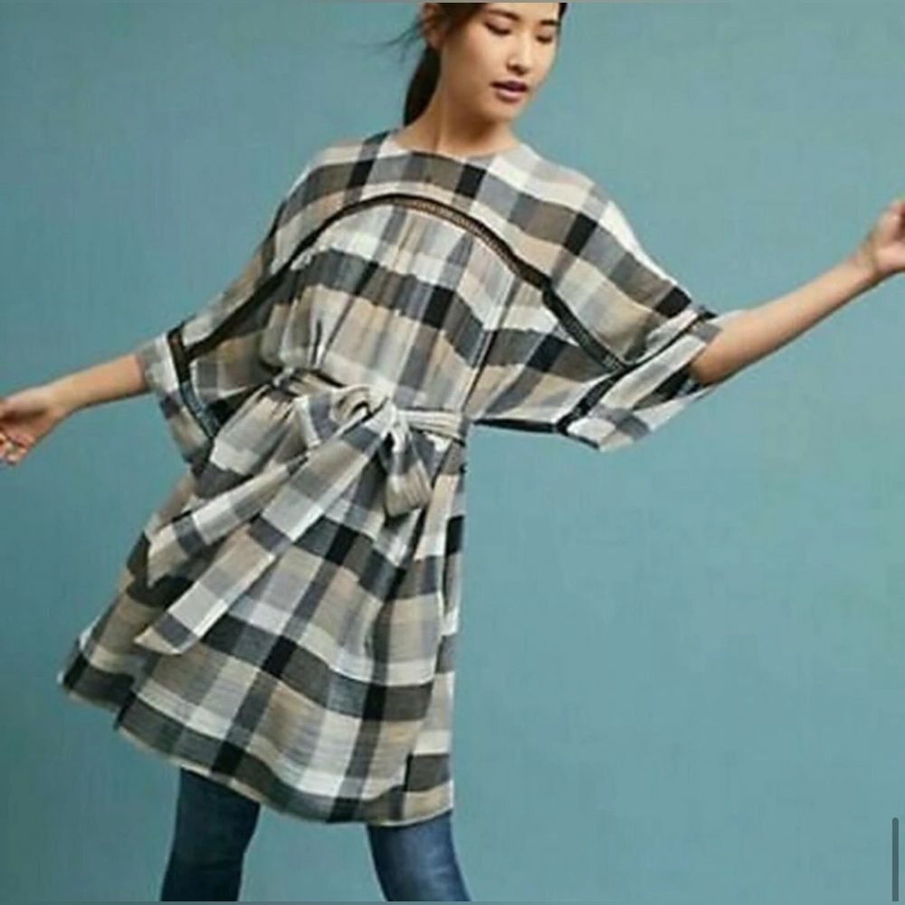 Anthropologie Maeve Plaid Printed Mini Dress With Kimono Sleeves Size Medium GUC